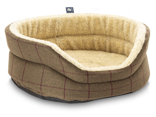 Pet Luxury Snug Oval Dog Bed 6 Sizes in our Avondale Signature Tartan Olive-Heather-Chestnut