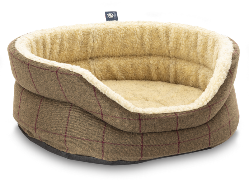 Pet Luxury Snug Oval Dog Bed 6 Sizes in our Avondale Signature Tartan Olive-Heather-Chestnut