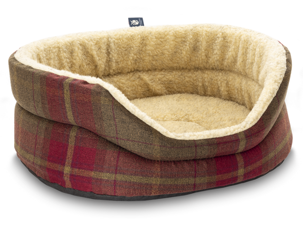 Pet Luxury Snug Oval Dog Bed 6 Sizes in our Avondale Signature Tartan Brown-Burgundy-RustPet Luxury Snug Oval Dog Bed 6 Sizes in our Avondale Signature Tartan Brown-Burgundy-Rust